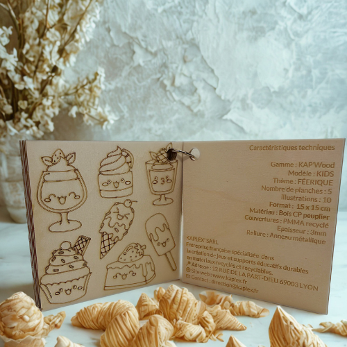 Contenu KAP’Wood : anneau, couvertures PMMA, pages en bois